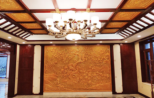 静海中式别墅客厅中式木作横梁吊顶装饰展示